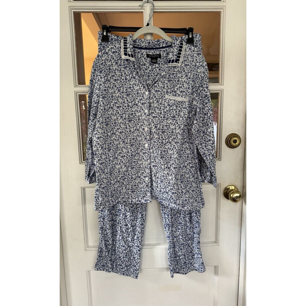 Earth Angels Pajama 2 Pc-Set Gray/White/Blue Floral Knit Sz Large Womens